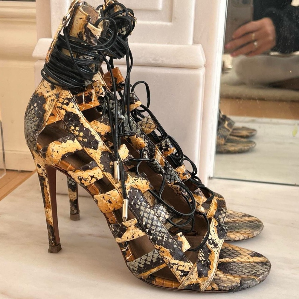 Aquazzura Amazon Python Snakeskin Lace Up Sandals 37.5